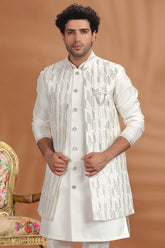 Pearl White Silk Sequin Embroidered Jacket Kurta Set